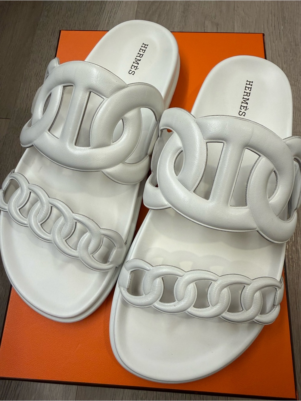 Hermes White Leather Chain Link Slide Sandals